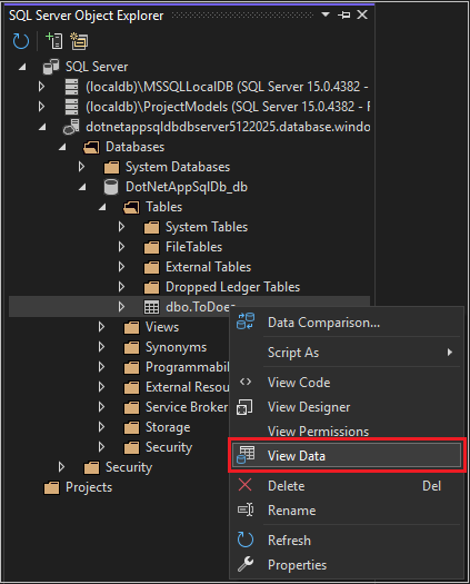 Screenshot that shows exploring SQL Database objects.
