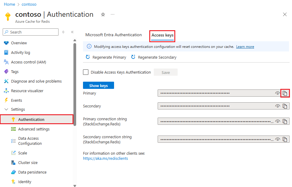 Screenshot showing Azure Redis cache access keys.