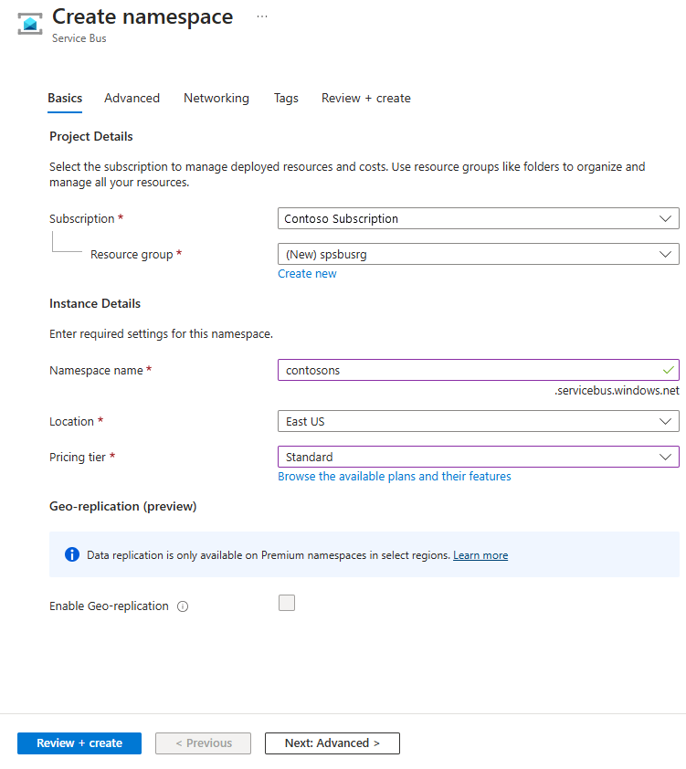 Screenshot showing the Create a namespace page