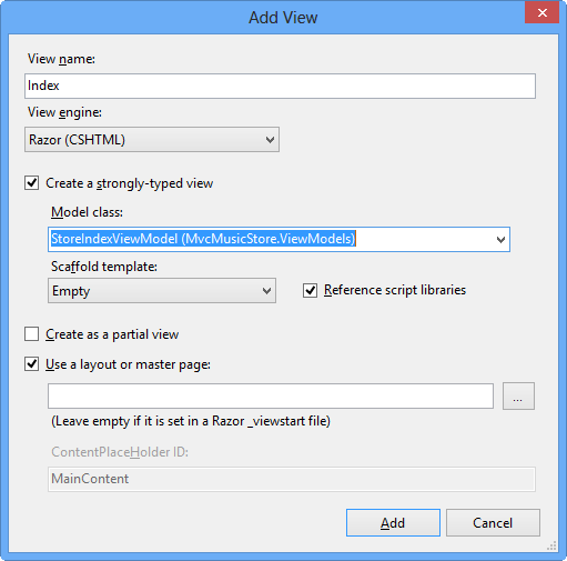 Add View Dialog Screenshot of the Add View Dialog box, showing the options available and the selection to create a strongly-typed-view model class.