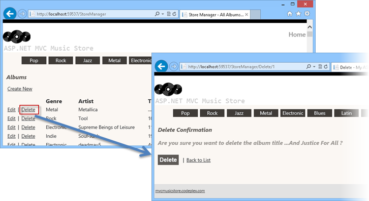 Deleting an Album Screenshot shows a Delete link selected, which causes a Delete Confirmation window to open.