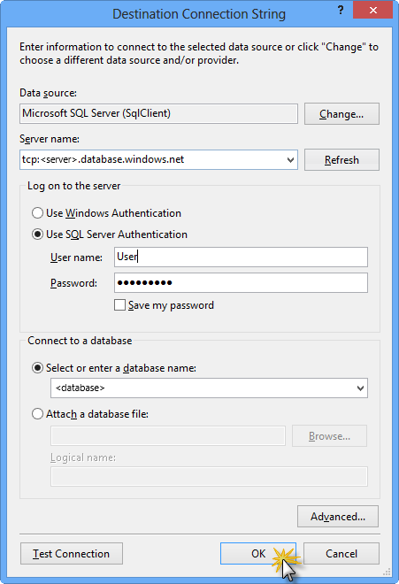 Configuring destination connection string Configuring destination connection string