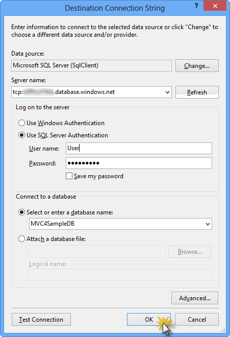 Configuring destination connection string Configuring destination connection string