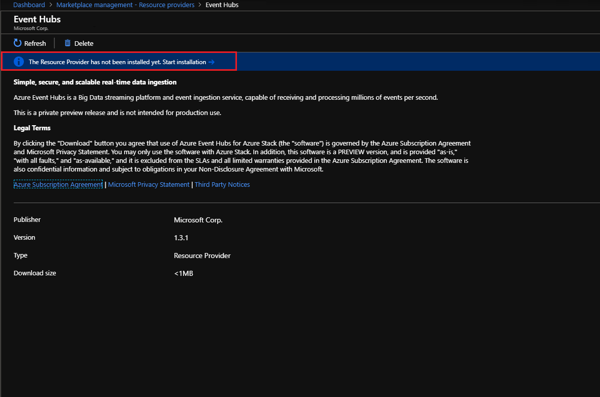 Marketplace management event hubs - begin install