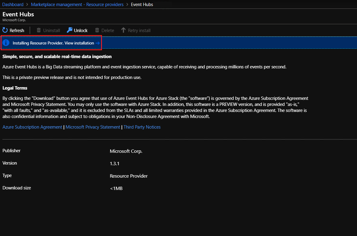 Marketplace management event hubs - RP installing