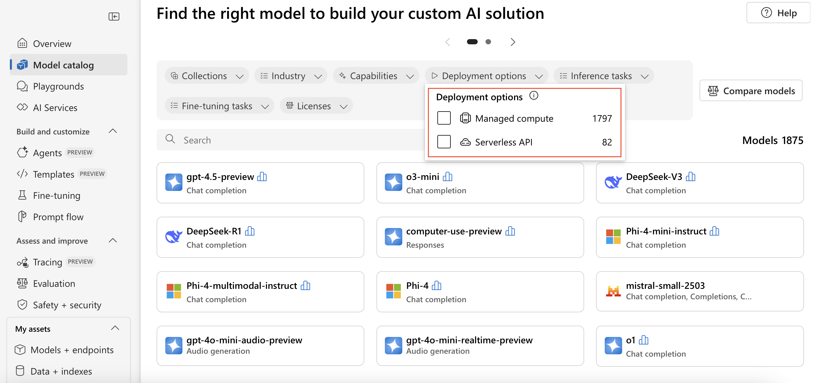 A screenshot showing how to filter by managed compute models in the catalog.