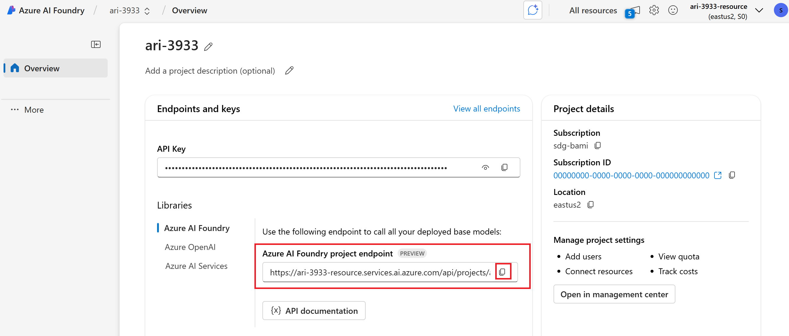 Screenshot shows the project overview for a Foundry project.