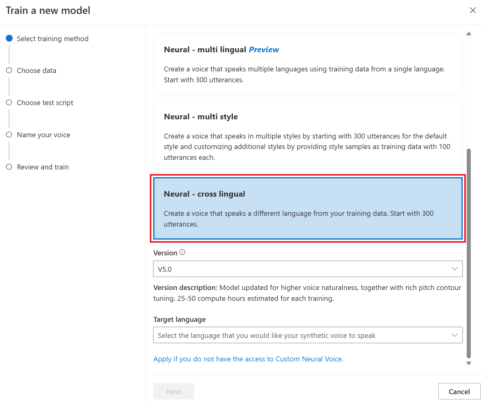 Screenshot that shows how to select neural cross lingual training.