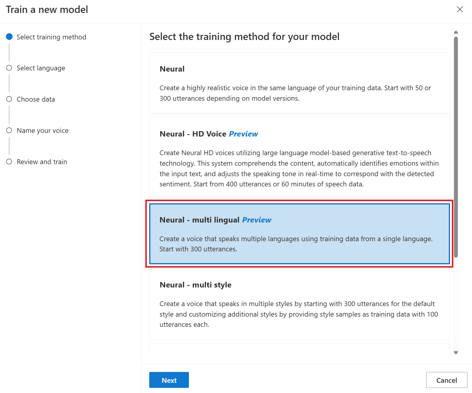 Screenshot that shows how to select neural multi lingual training.