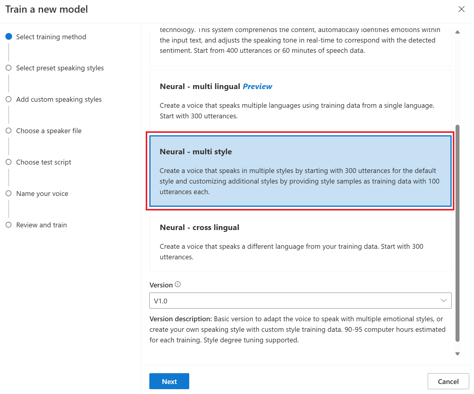 Screenshot that shows how to select neural multi style training.
