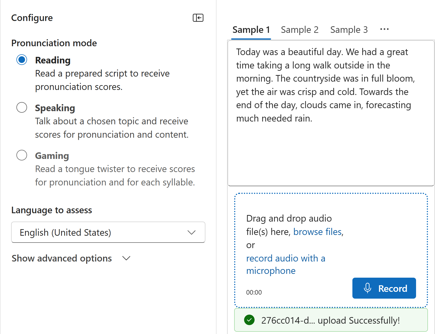 Screenshot of uploading recorded audio to be assessed.