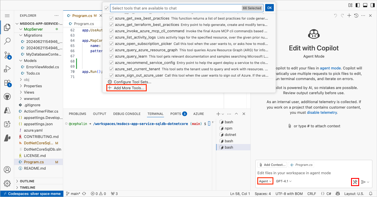 Screenshot showing how to add an MCP server in GitHub Copilot Chat agent mode.