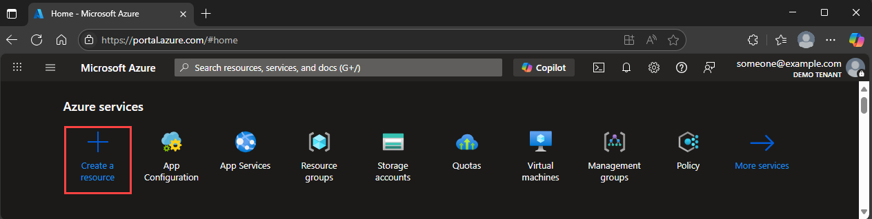 Screenshot shows the Create a resource option in the Azure portal.