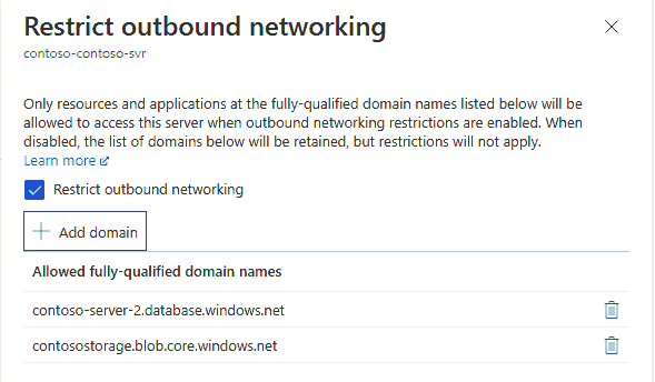 Screenshot of Outbound Networking pane after fully-qualified domain names are added.