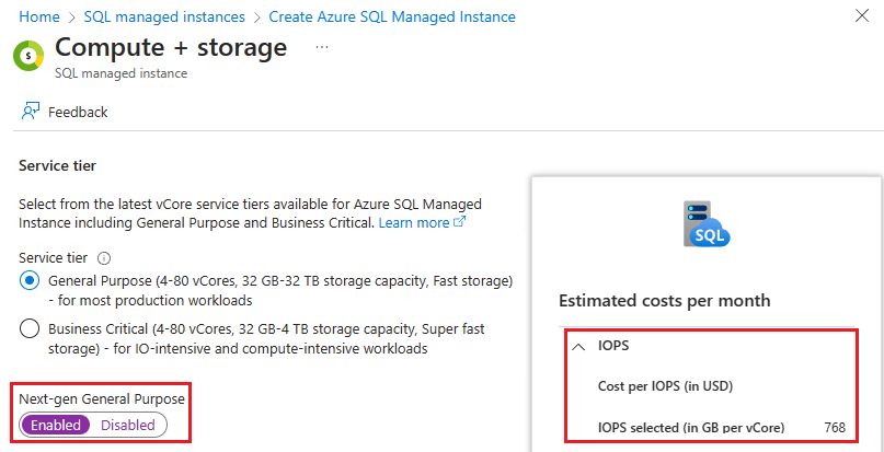 Screenshot of the compute + storage page when you configure your new Azure SQL Managed Instance in the Azure portal.