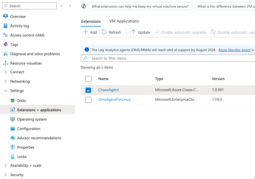 Screenshot of the Azure portal's Extensions + Applications page for a virtual machine. The page displays a list of installed extensions, including ChaosAgent and OmsAgentForLinux.