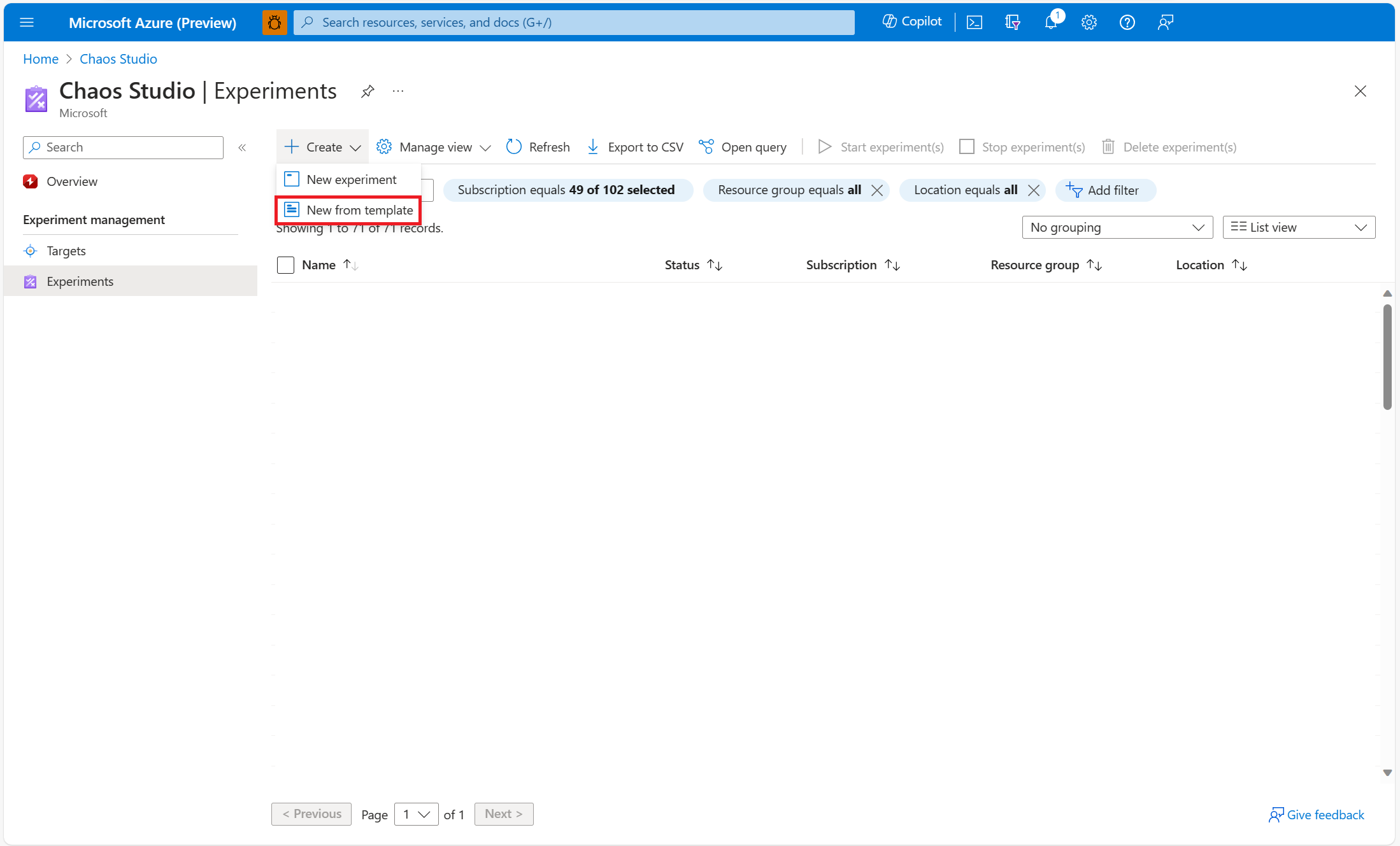 Screenshot that shows the Experiments screen, with the New from template button highlighted.
