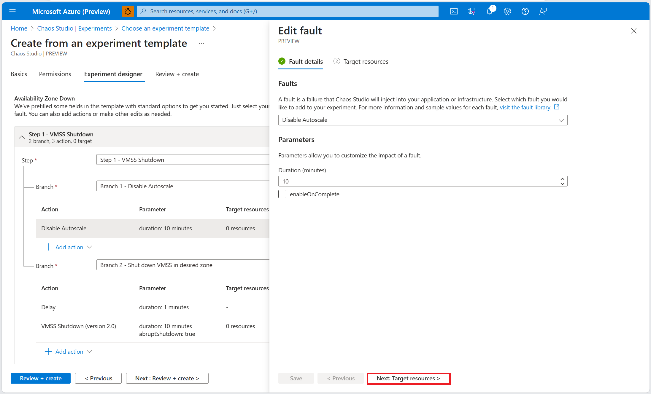 Screenshot that shows the fault parameters pane for autoscale, with the target resources button highlighted.