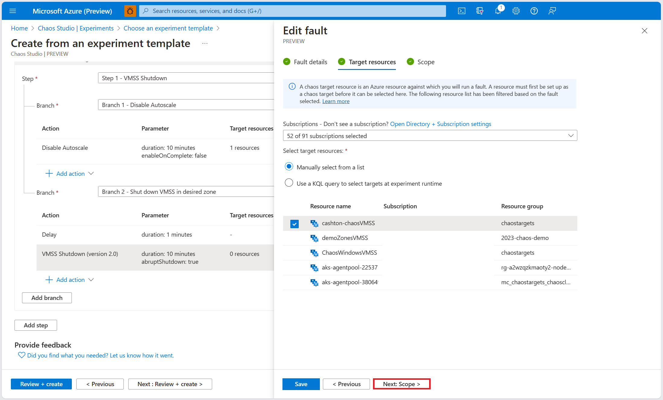 Screenshot that shows the fault targets pane for Virtual Machine Scale Set, with the save button highlighted.