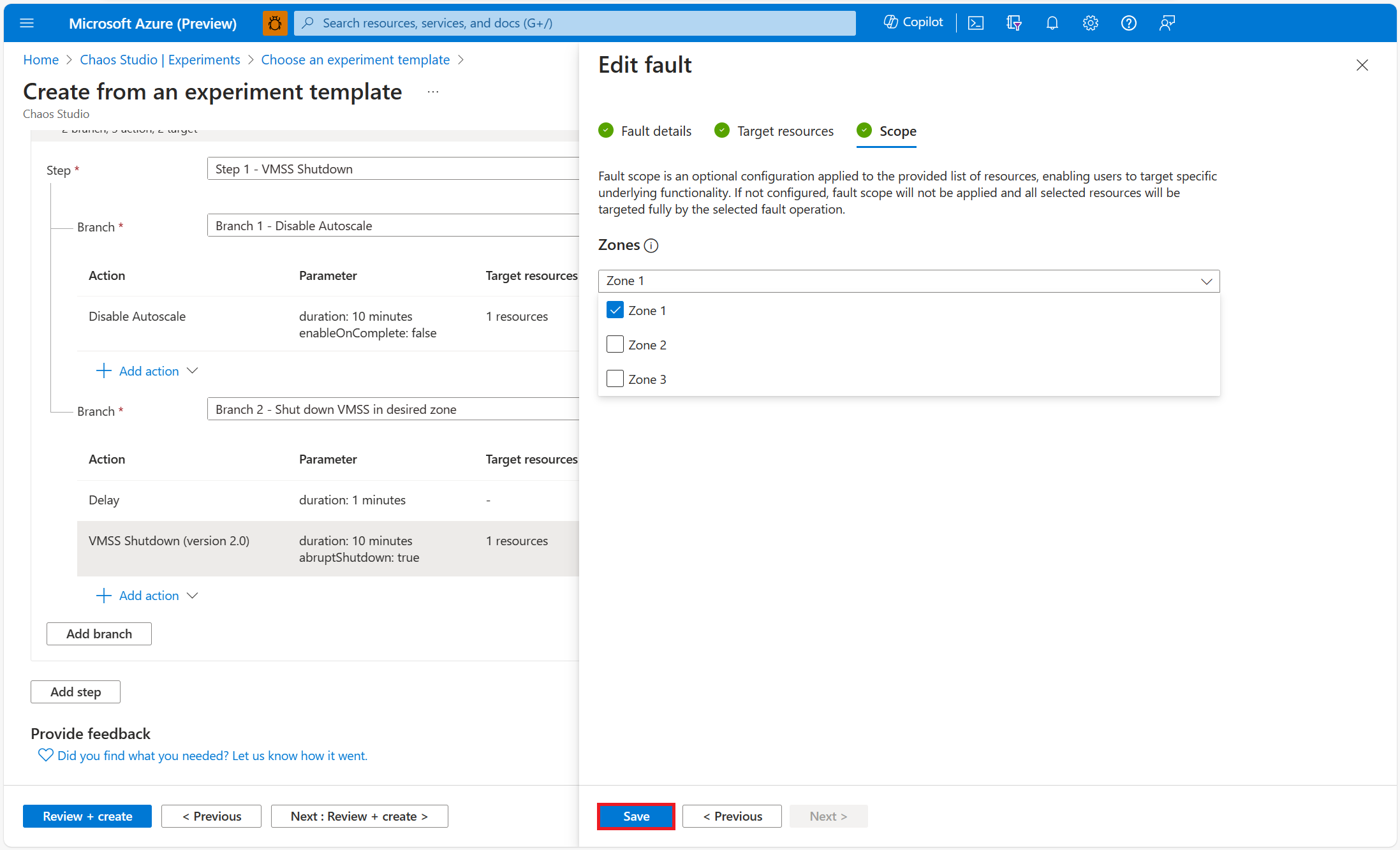Screenshot that shows the scope pane, with the save button highlighted.