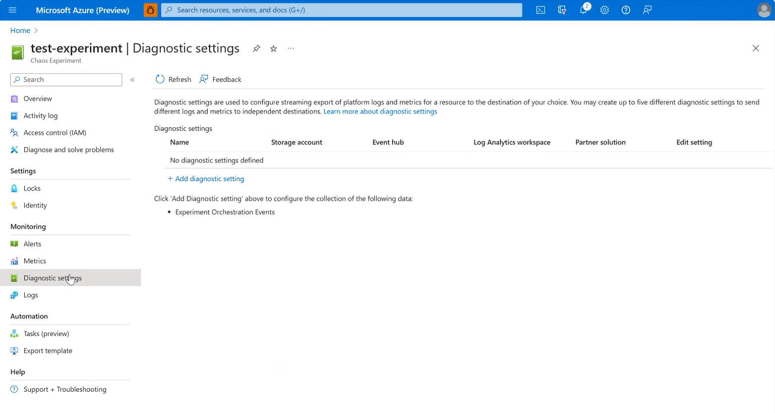 Screenshot that shows Diagnostic Settings in Chaos Experiment.