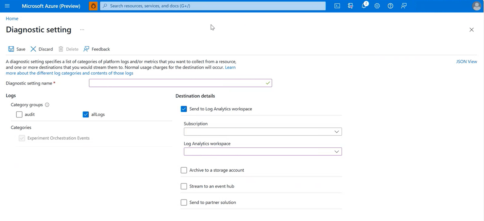 Screenshot that shows the Diagnostic Settings blade and required information.