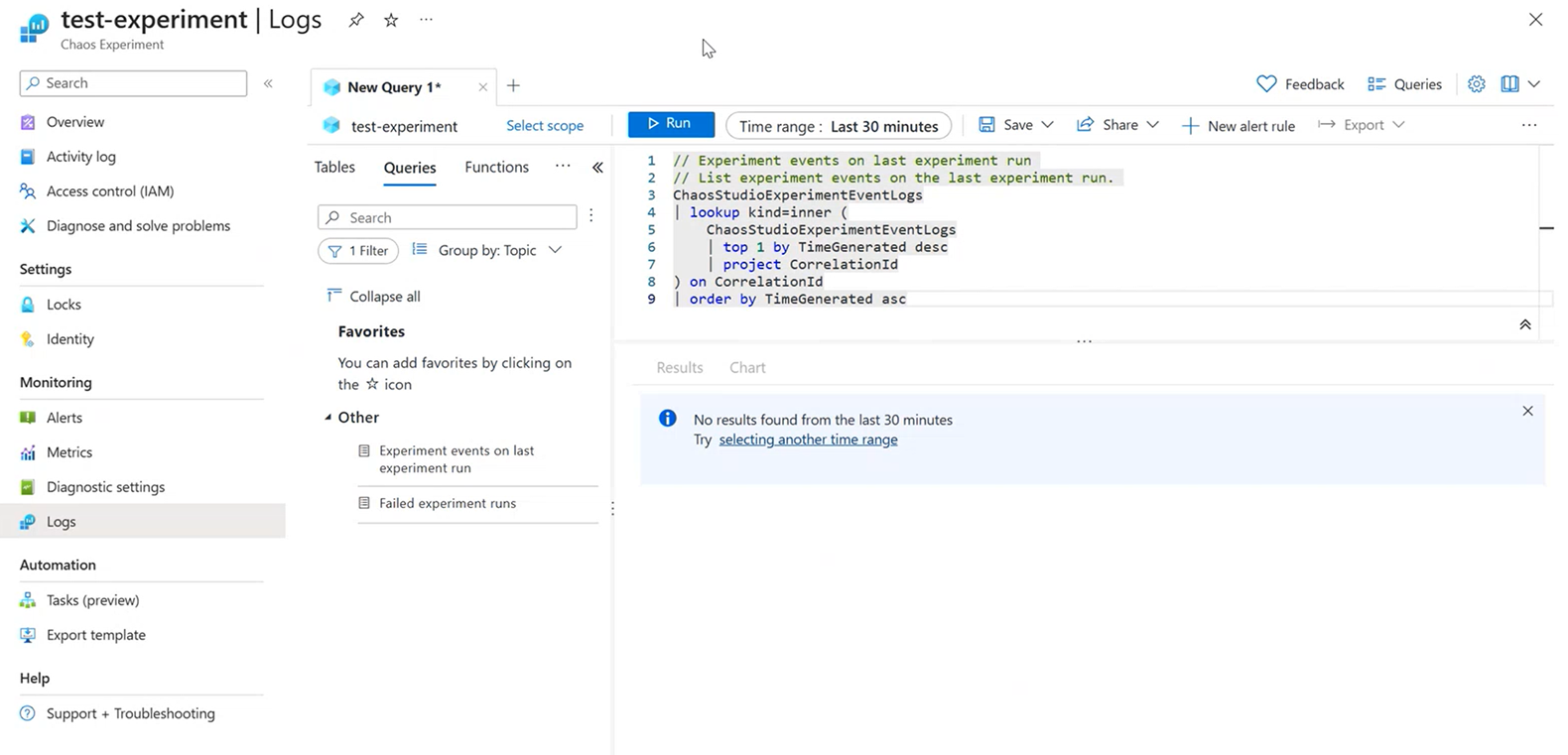 Screenshot of Logs tab in Chaos Experiment Resource.