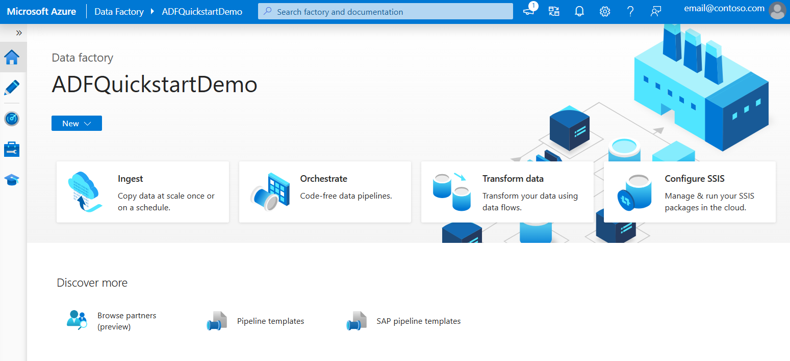 Screenshot that shows the Azure Data Factory Studio page for a created data factory.