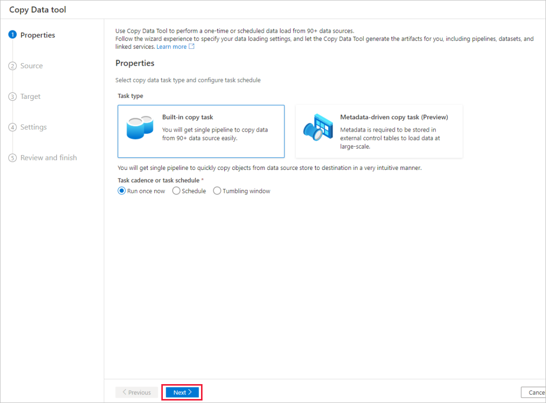 Screenshot that shows the Properties page of the Copy Data tool.
