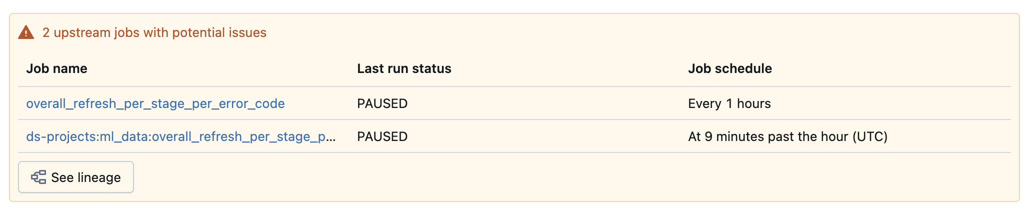 Table Quality Details UI root cause table.