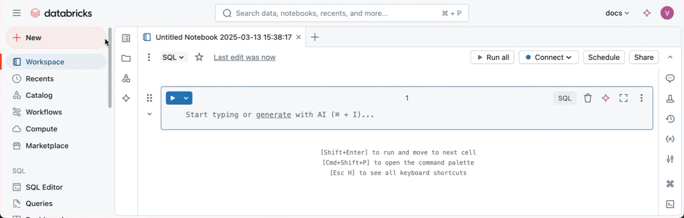 Create a notebook from the new button in the left sidebar.