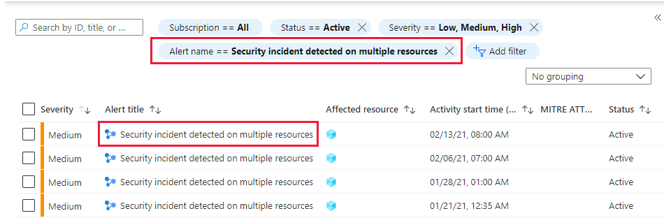 List of incidents on the security alerts page in Microsoft Defender for Cloud.