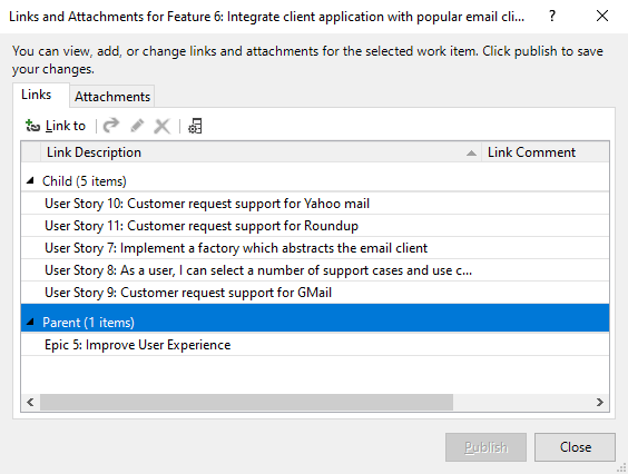 Screenshot of the Link and Attachments dialog showing child and parent links created for an imported feature.
