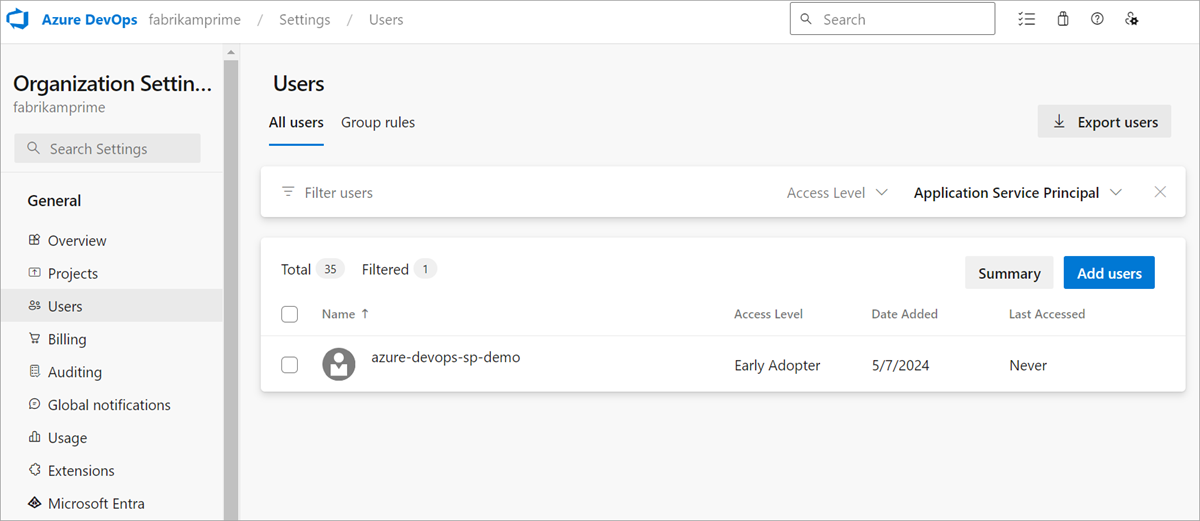 Screenshot that shows service principals and managed identities in the Users Hub.