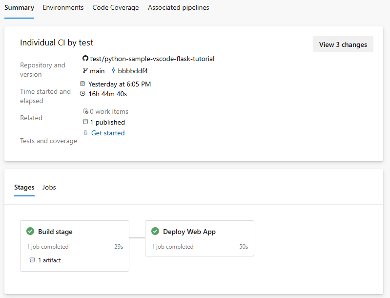 Screenshot of pipeline run summary stages section.