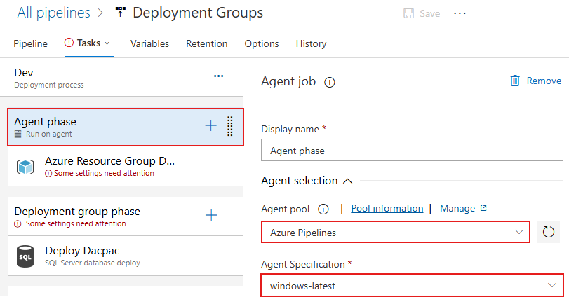 A screenshot displaying the agent phase in the Classic release pipeline.