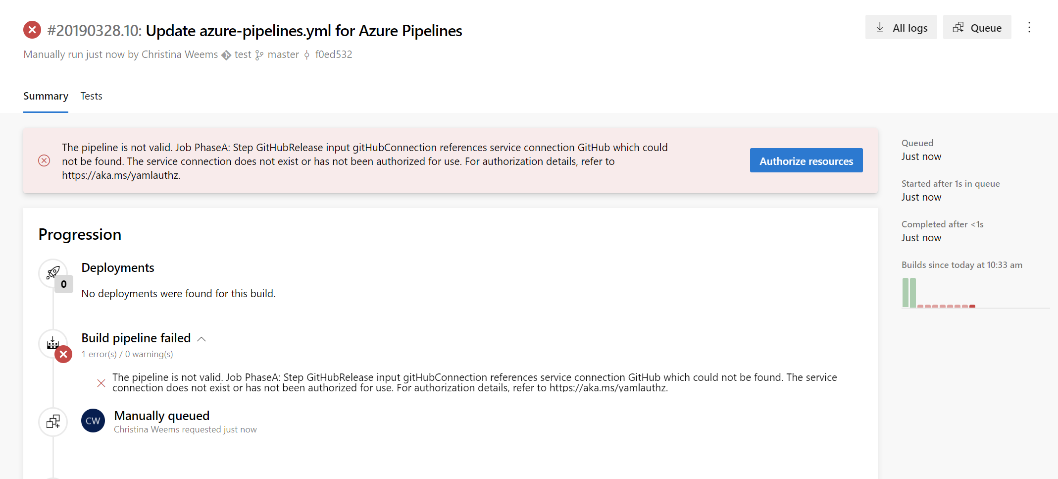 Pipeline summary with authorization error Screenshot showing a pipeline summary with authorization error.