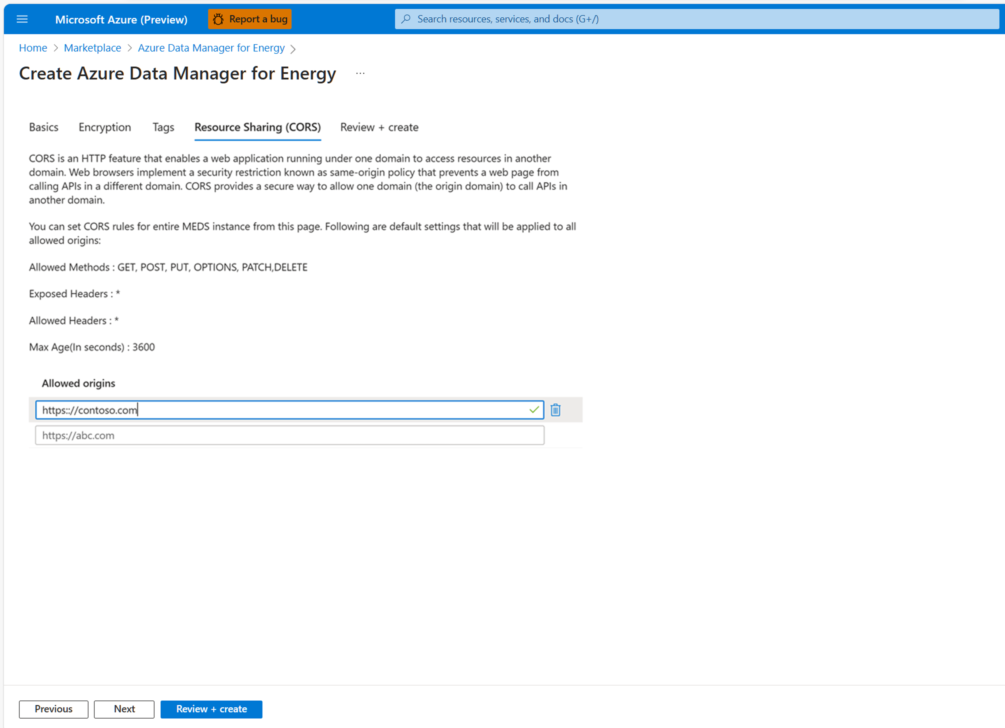 Screenshot of 1 allowed origin selected.