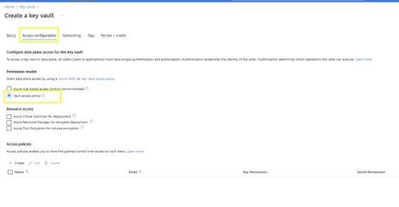 Screenshot of create a key vault.