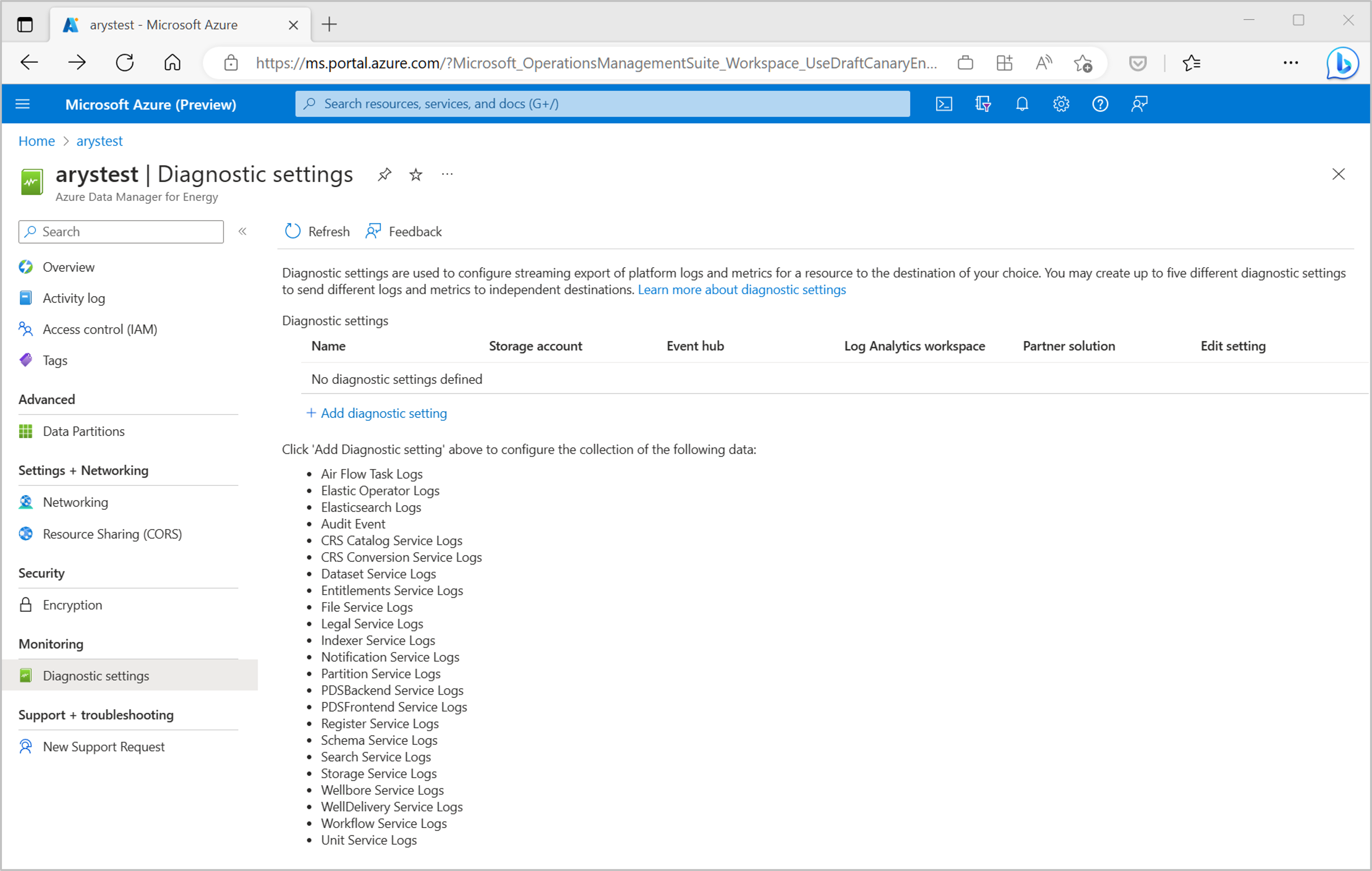 Screenshot shows that the list of OSDU services currently supported is visible on the diagnostic settings overview page.