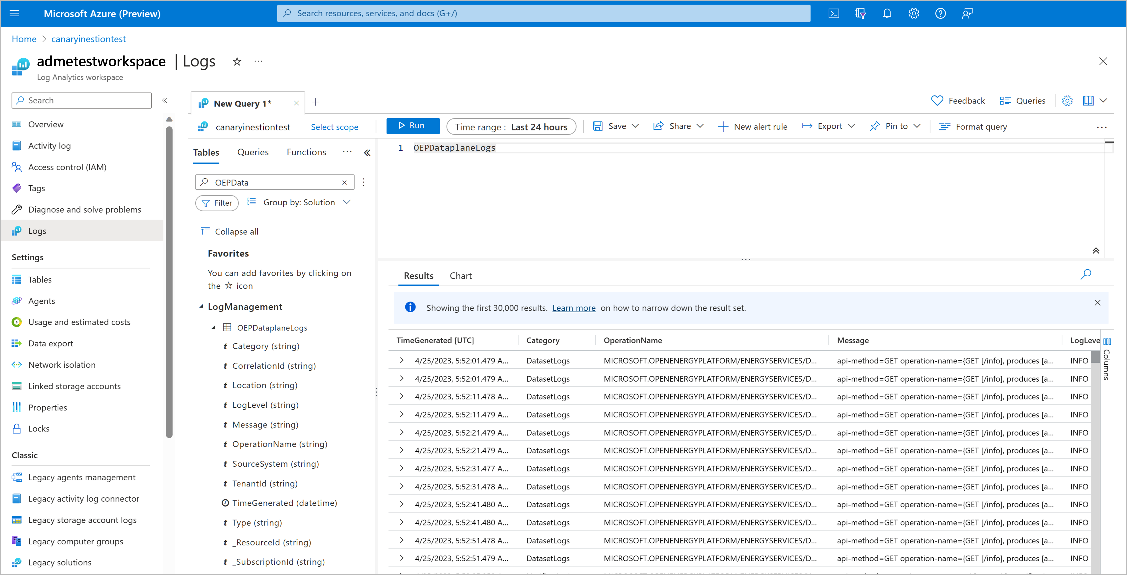 Screenshot shows the different parts of a Log Analytics workspace interface.