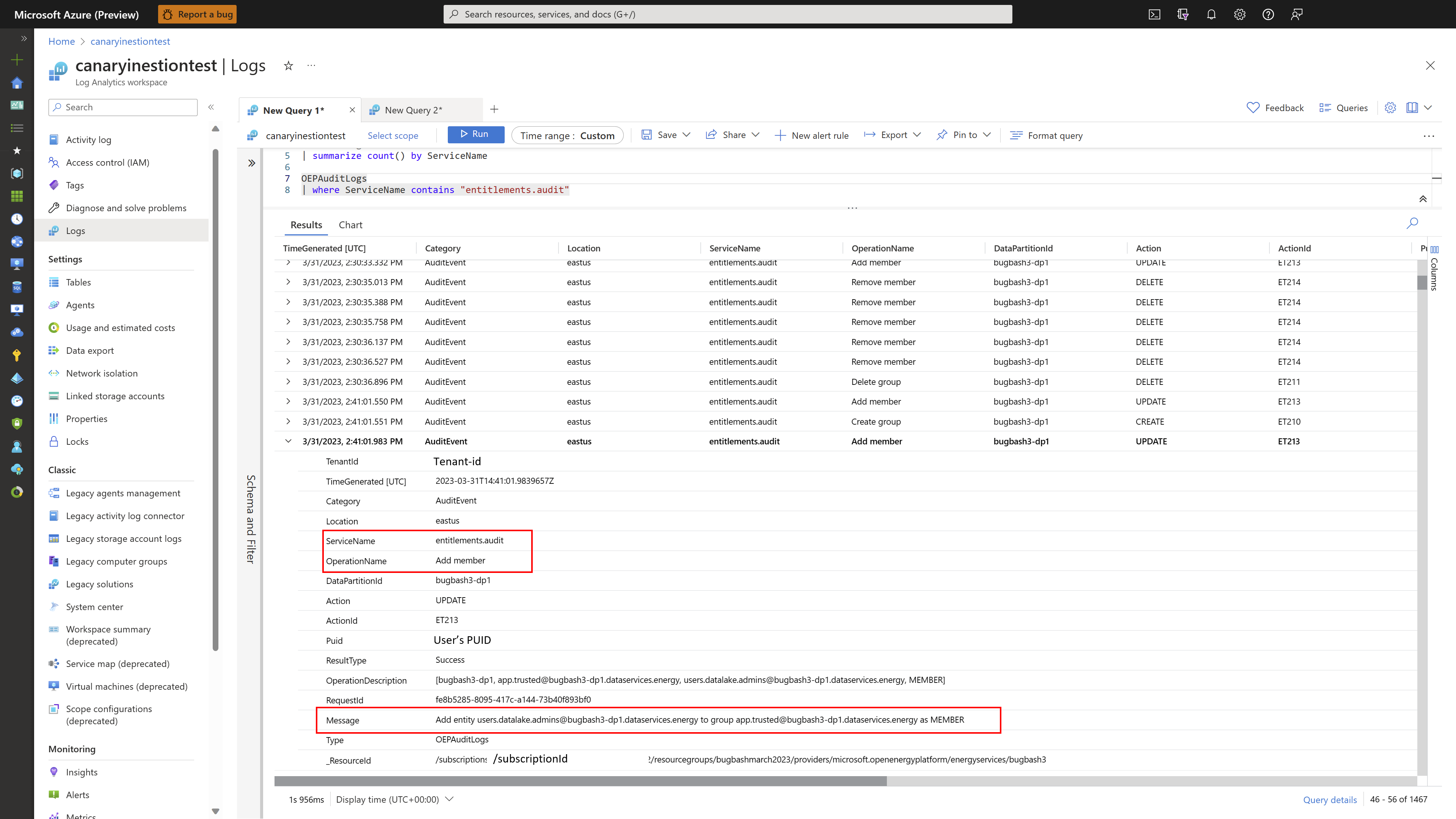 Screenshot of audit logs for entitlement