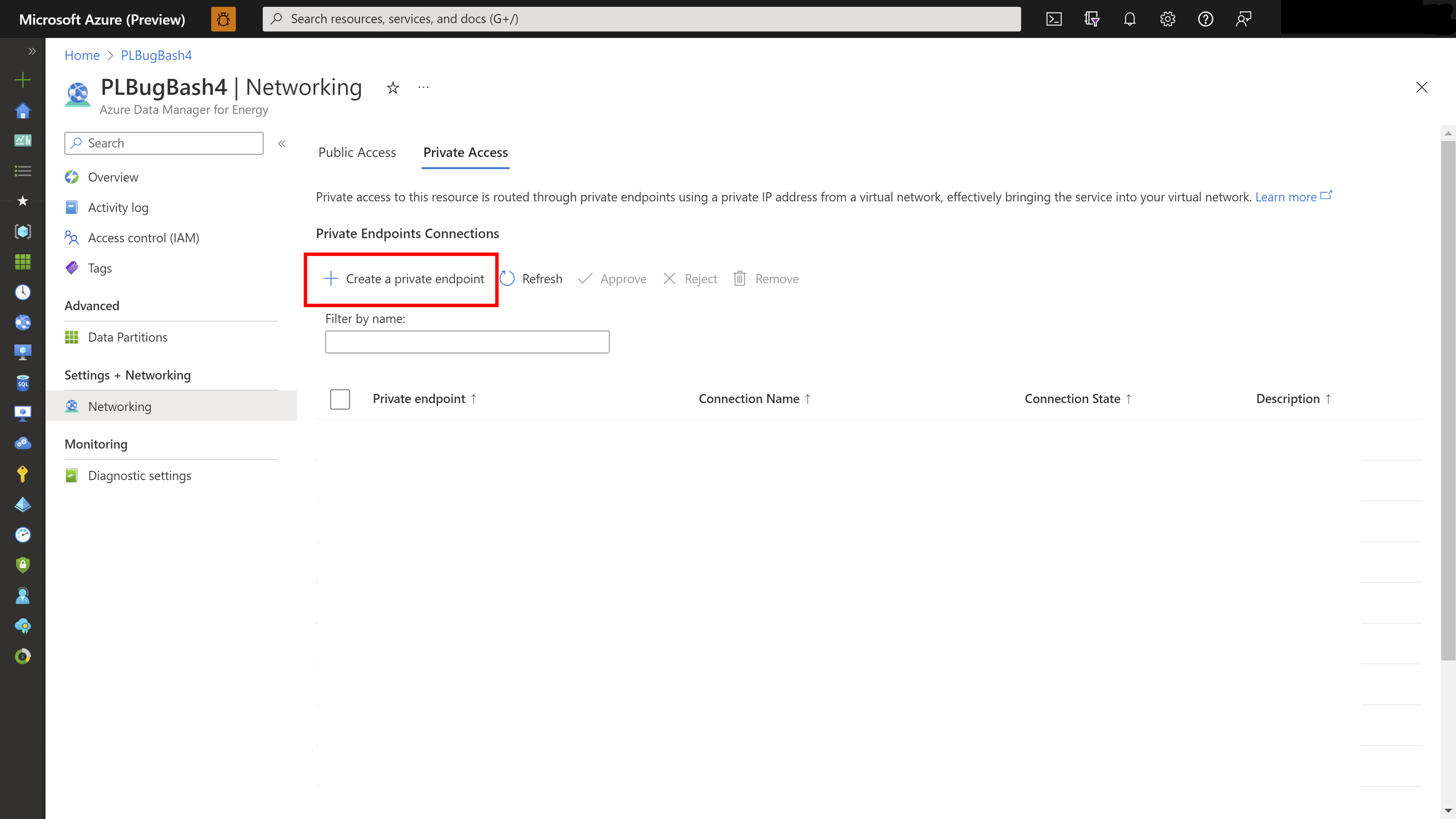 Screenshot that shows options for rejecting or approving a request to create a private endpoint.