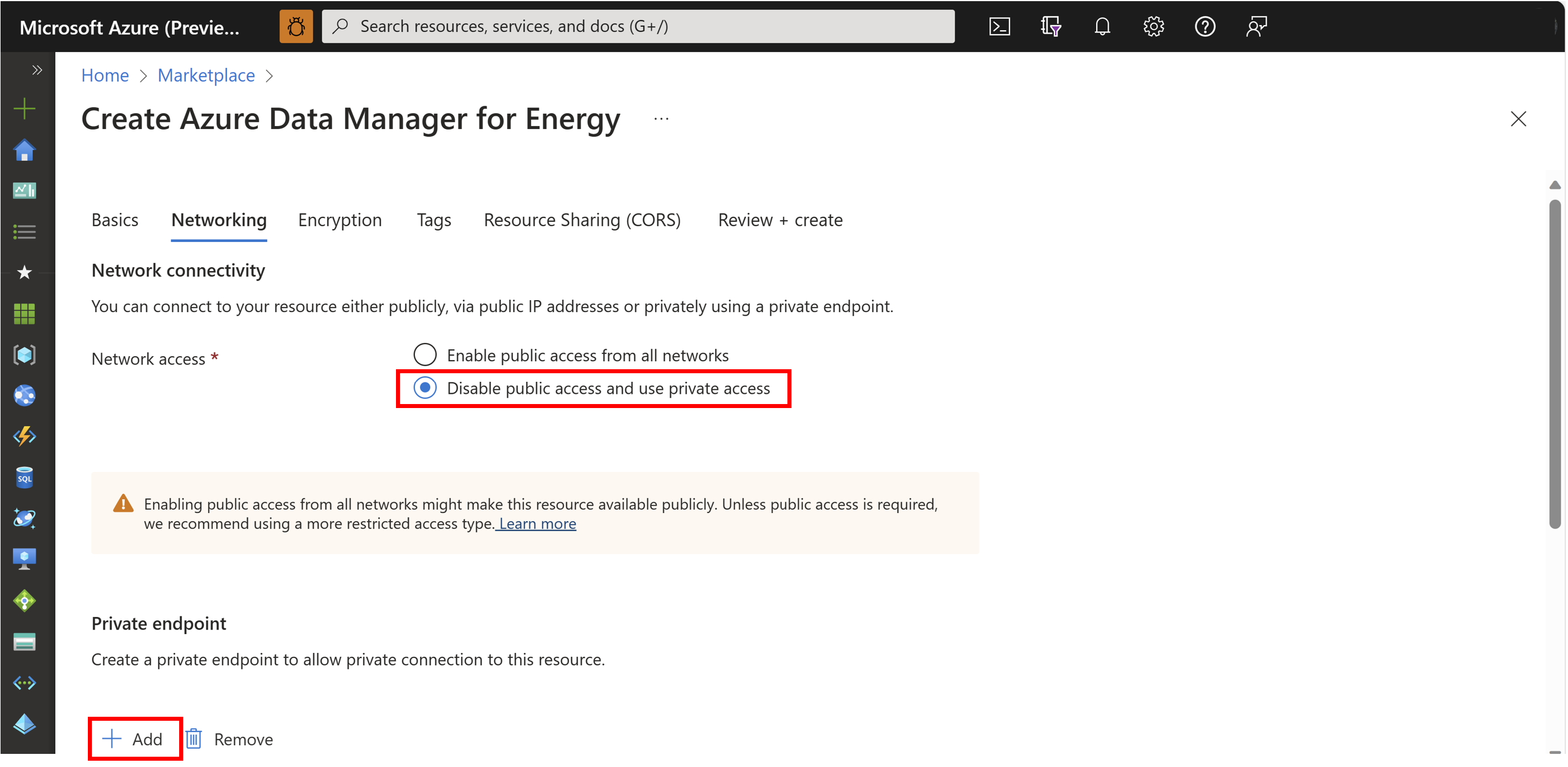 Screenshot of choosing add private endpoint.