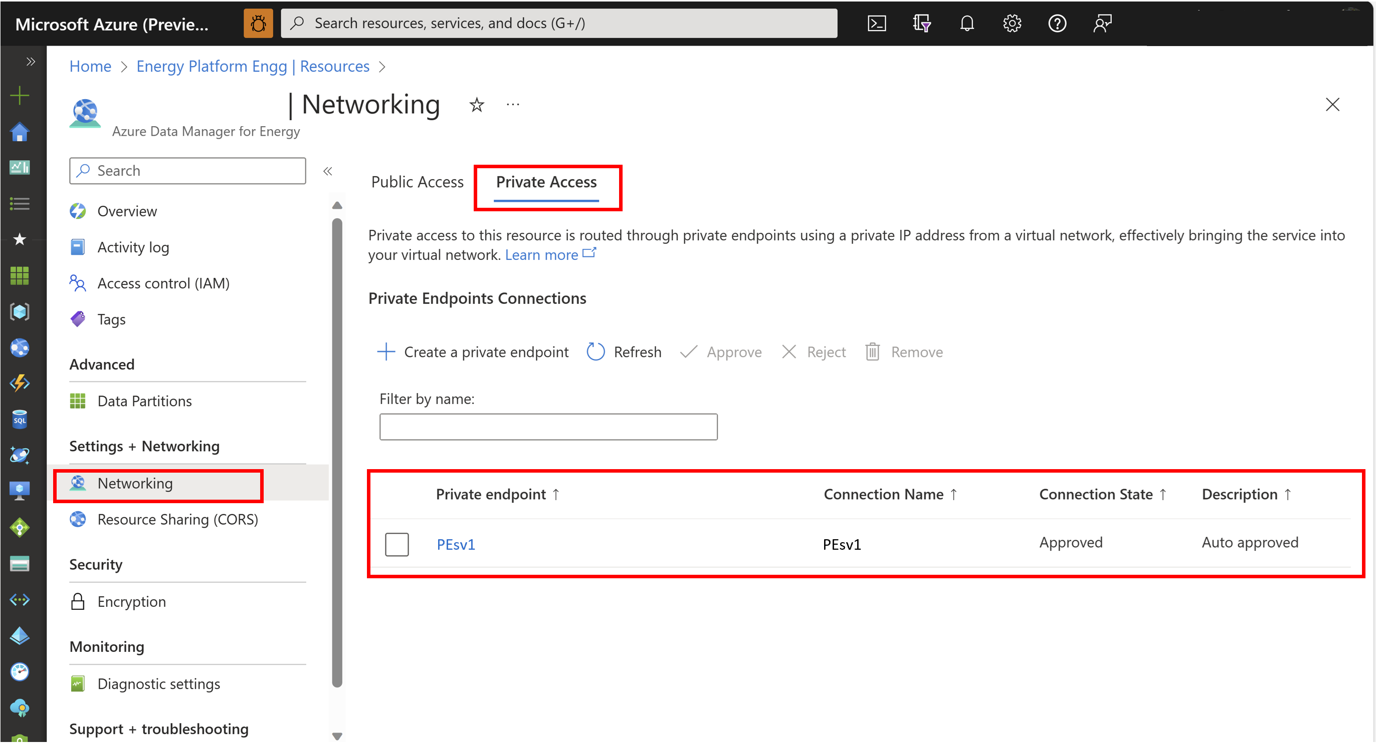 Screenshot of the private endpoint created.