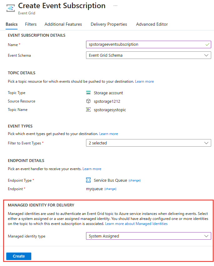 Screenshot showing how to enable a system-assigned identity for a Service Bus queue subscription.