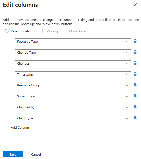 Screenshot of the Edit columns pane options.