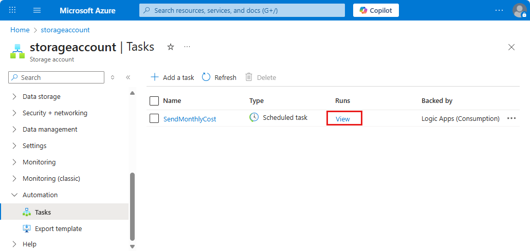 Screenshot shows the task you created with the View option highlighted.