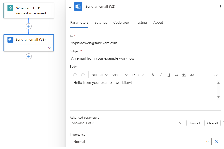 Screenshot shows designer, action named Send an email (V2), and action information pane with selected tab named Parameters.