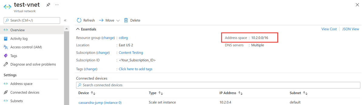 Screenshot that shows where to get the address space of your virtual network.